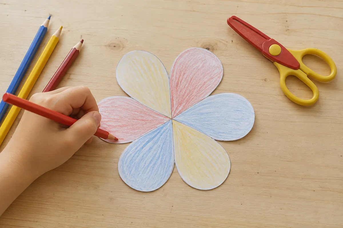 Étape 1 — dessiner une fleur régulière pour créer une fleur en papier qui s'ouvre dans l'eau, avec une fleur à six pétales larges tracée et légèrement coloriée