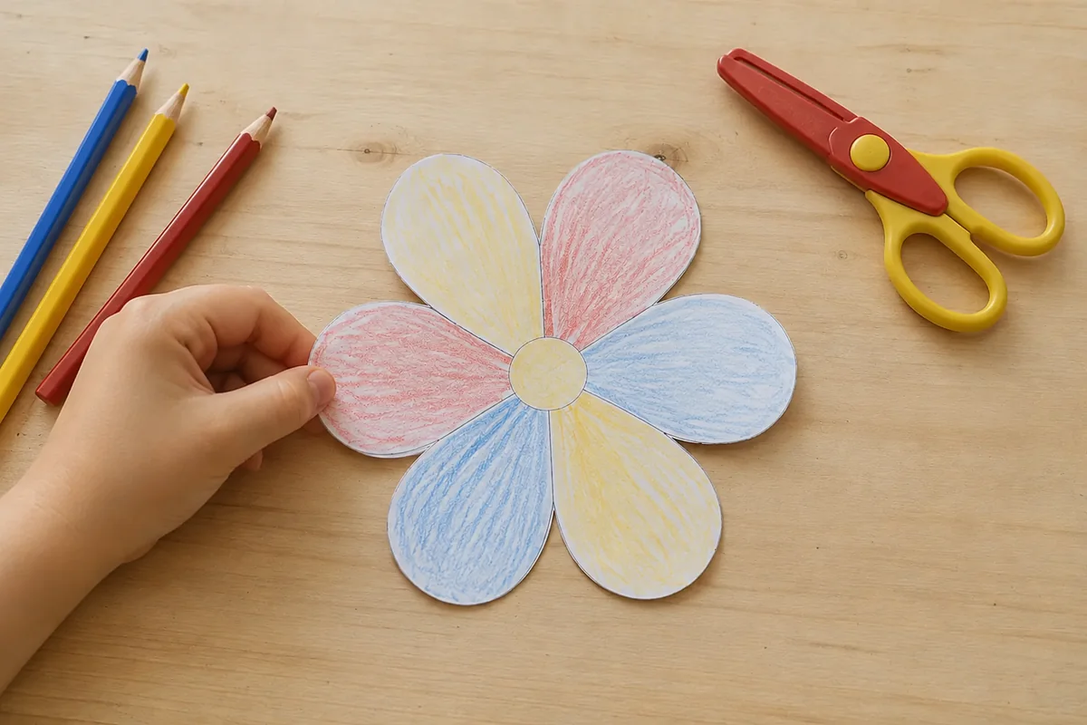 Étape 2 — découper sans entamer le cœur pour créer une fleur en papier qui s'ouvre dans l'eau, avec une fleur découpée dont le cœur reste intact