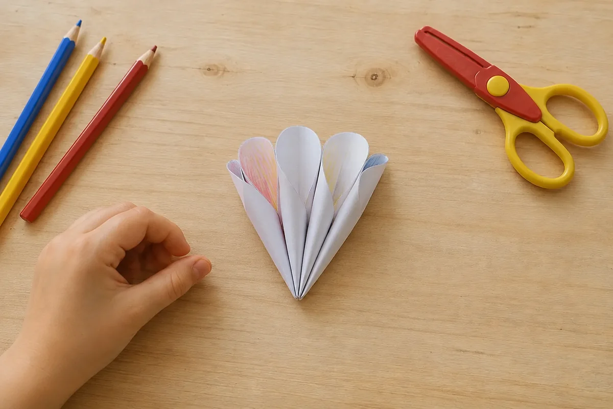 Étape 3 — replier les pétales vers le centre pour créer une fleur en papier qui s'ouvre dans l'eau, avec un bouton de papier fermé par six plis souples