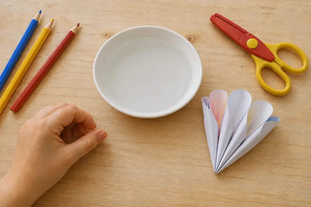 Étape 4 — préparer une surface d’eau calme pour créer une fleur en papier qui s'ouvre dans l'eau, avec une assiette peu profonde avec une eau immobile et un bouton sec à côté
