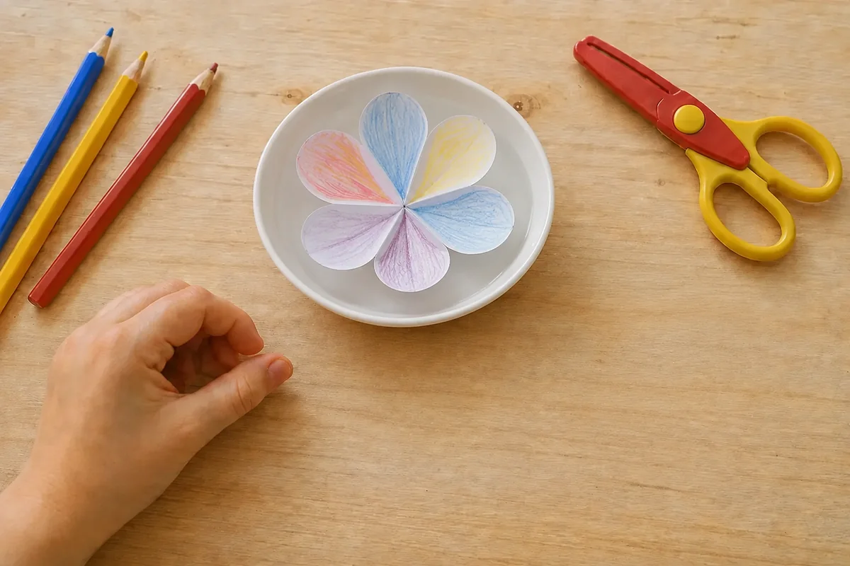 Étape 5 — observer l’ouverture sans intervenir pour créer une fleur en papier qui s'ouvre dans l'eau, avec une fleur ouverte flottant à plat, avec ses pétales humides déployés