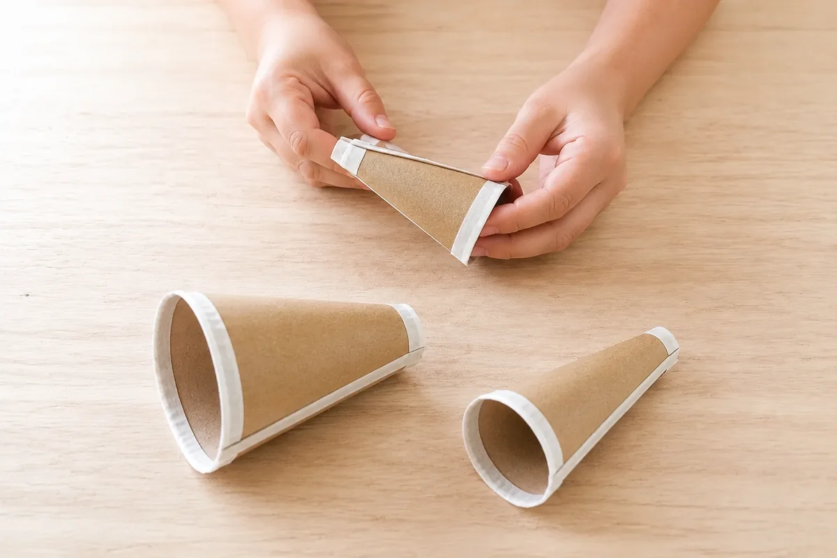Étape 3 — rouler les pavillons coniques pour mégaphone acoustique en carton : tester trois formes, avec trois cônes stables de même longueur et de largeurs différentes