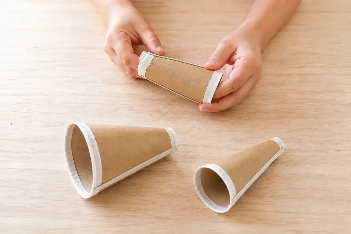 Étape 4 — créer une fixation interchangeable pour mégaphone acoustique en carton : tester trois formes, avec un pavillon emboîté droit sur l’embout commun