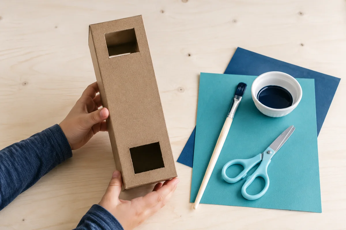Étape 1 — ouvrir deux fenêtres opposées pour construire un périscope en carton avec film réfléchissant, avec une boîte longue avec deux fenêtres nettes sur des faces opposées