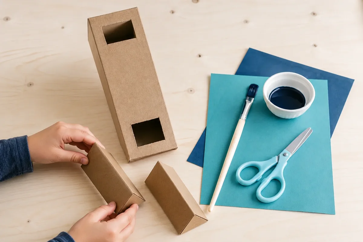 Étape 2 — plier deux berceaux à 45 degrés pour construire un périscope en carton avec film réfléchissant, avec deux supports triangulaires identiques présentés parallèlement