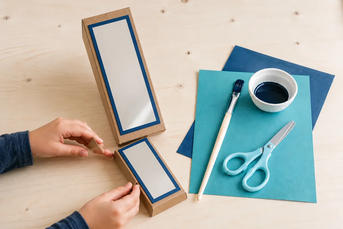Étape 3 — protéger les surfaces réfléchissantes pour construire un périscope en carton avec film réfléchissant, avec deux films souples bordés de papier et fixés à plat sur.
