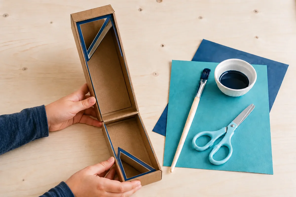 Étape 4 — aligner les deux miroirs souples pour construire un périscope en carton avec film réfléchissant, avec deux surfaces réfléchissantes parallèles installées derrière.