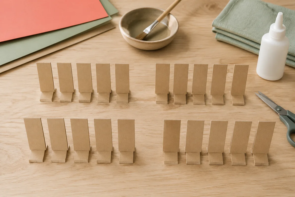 Étape 1 — découper vingt dominos identiques : vingt rectangles de même hauteur posés sur des pieds à angle droit, pour créer une piste de réaction en chaîne avec des dominos.