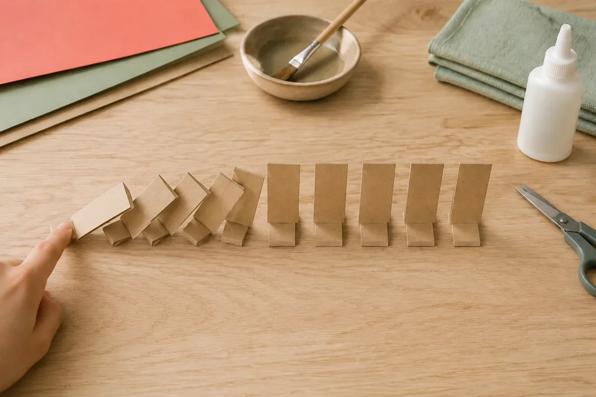 Étape 2 — déterminer un espacement de départ : une ligne droite qui transmet la chute sur huit pièces, pour créer une piste de réaction en chaîne avec des dominos de carton