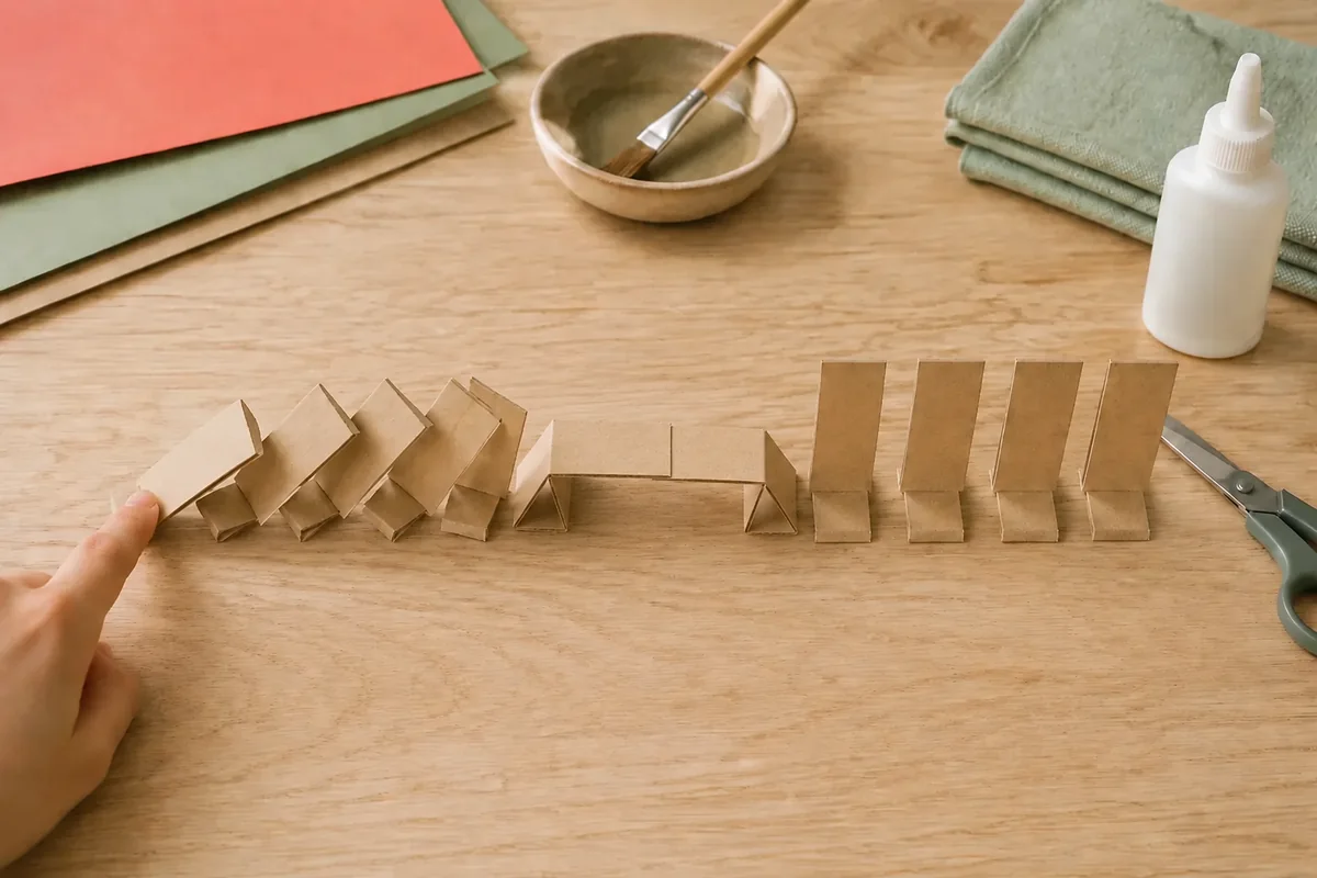 Étape 3 — plier un pont franchissable : un pont en papier stable traversé par la trajectoire des dominos, pour créer une piste de réaction en chaîne avec des dominos de carton