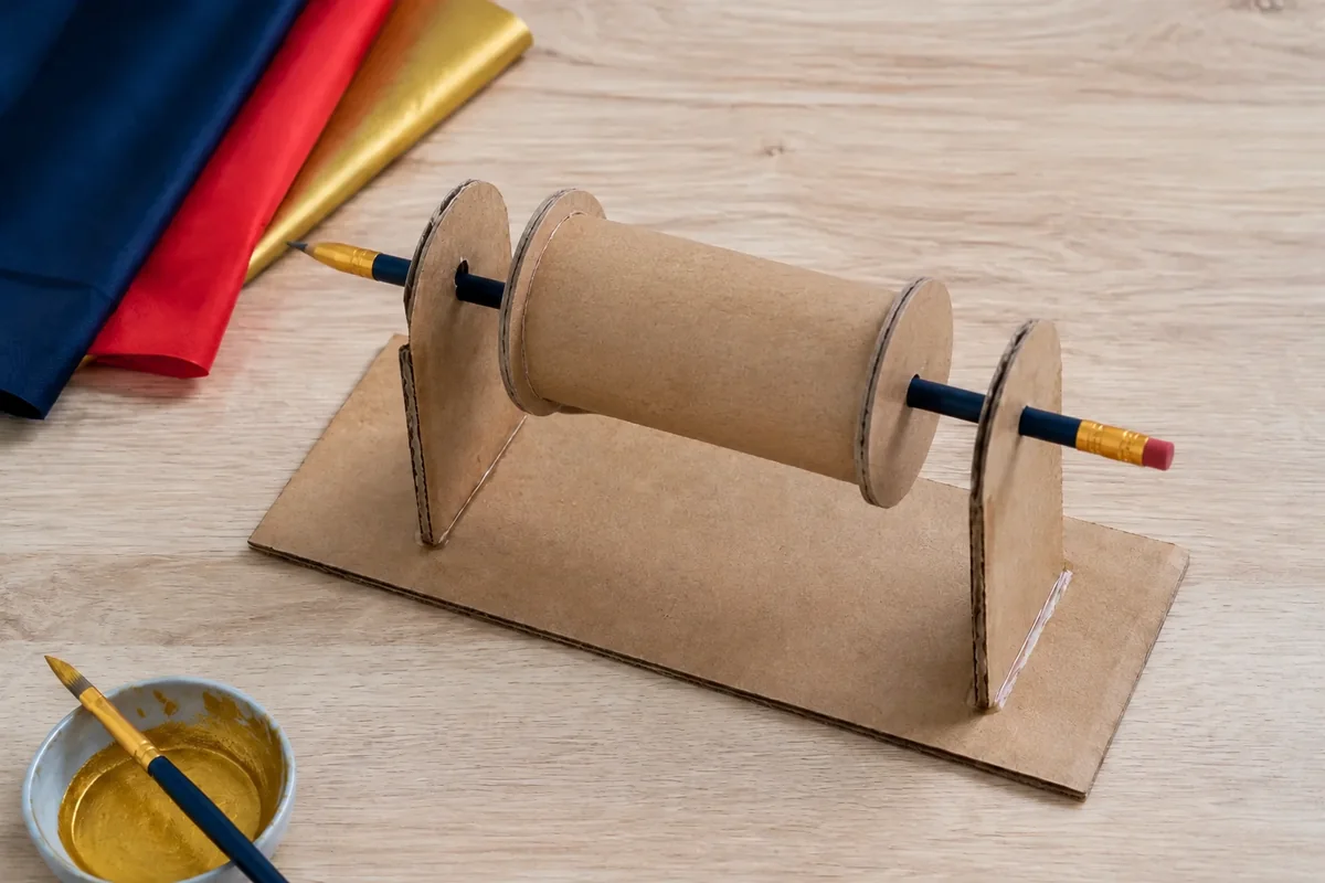 Étape 2 — installer une bobine qui tourne librement : une bobine centrée qui tourne sans frotter sur les montants, pour fabriquer une poulie de bureau pour soulever un panier.