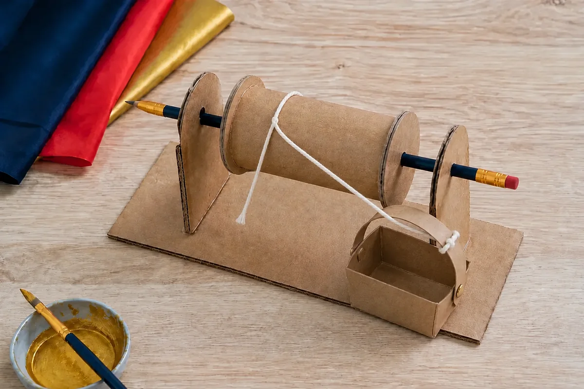 Étape 4 — passer la ficelle sur la gorge : une ficelle centrée dans la bobine reliant panier et poignée, pour fabriquer une poulie de bureau pour soulever un panier papier