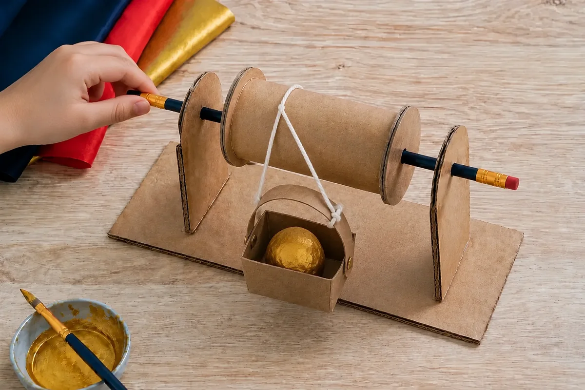 Étape 5 — soulever puis redescendre sans à-coup : un panier chargé d’une boule de papier, soulevé à mi-course, pour fabriquer une poulie de bureau pour soulever un panier papier
