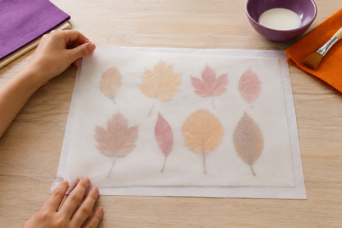 Étape 1 — composer les feuilles entre deux calques : un panneau de calque plat contenant des feuilles espacées et visibles, pour lanterne led en papier calque et feuilles,.