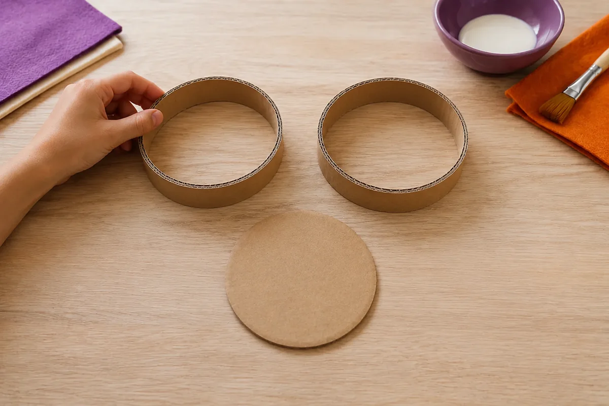 Étape 2 — découper les anneaux de maintien : deux anneaux rigides identiques et un disque de base plat, pour lanterne led en papier calque et feuilles, sans bocal