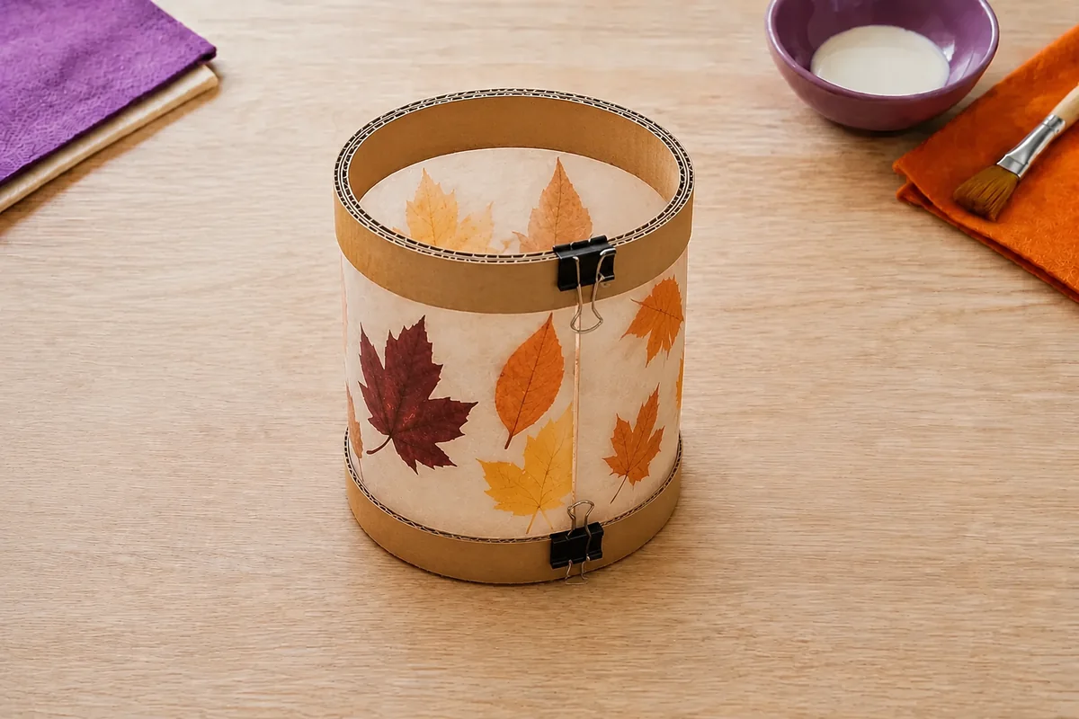 Étape 4 — fixer cylindre, socle et couronne : une lanterne cylindrique stable encadrée par deux anneaux, pour lanterne led en papier calque et feuilles, sans bocal