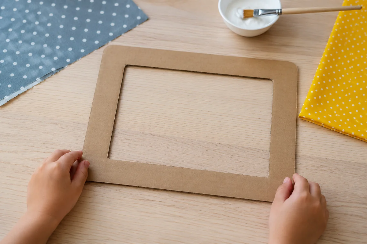 Étape 1 — découper un cadre large et stable : un cadre de carton plat à coins arrondis et bordure régulière, pour fabriquer un monstre de fenêtre en papier repositionnable