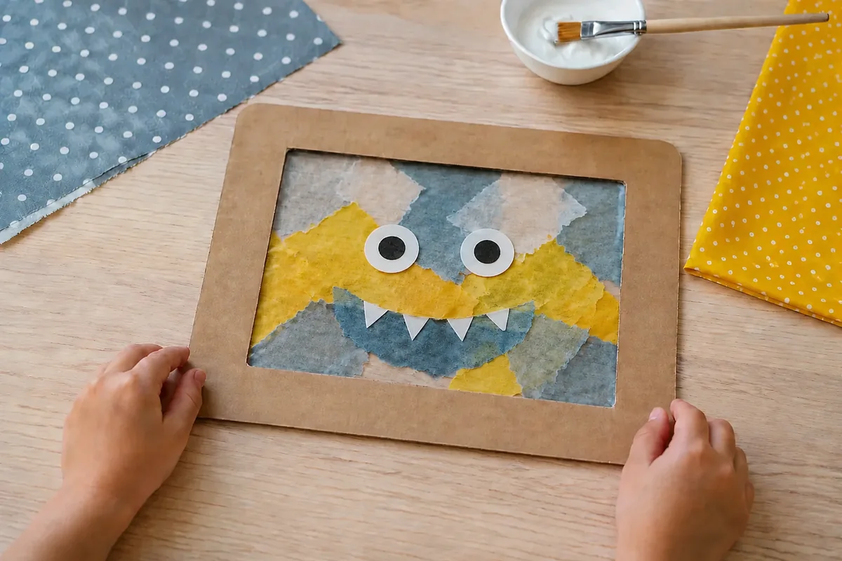 Étape 3 — composer la peau en papiers déchirés : une mosaïque translucide irrégulière laissant une marge claire, pour fabriquer un monstre de fenêtre en papier repositionnable