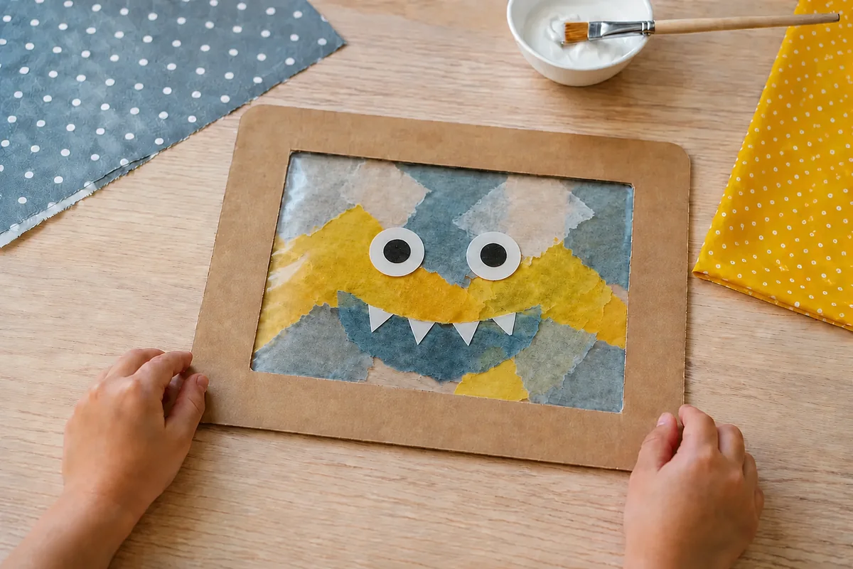 Étape 4 — ajouter yeux et bouche expressifs : un visage de monstre complet avec grands yeux et bouche en papier, pour fabriquer un monstre de fenêtre en papier repositionnable