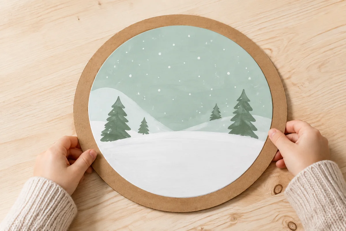 Étape 1 — dessiner la scène hivernale : un disque illustré avec une scène d’hiver et une bordure libre, pour créer une boule à neige plate en papier, sans verre ni liquide