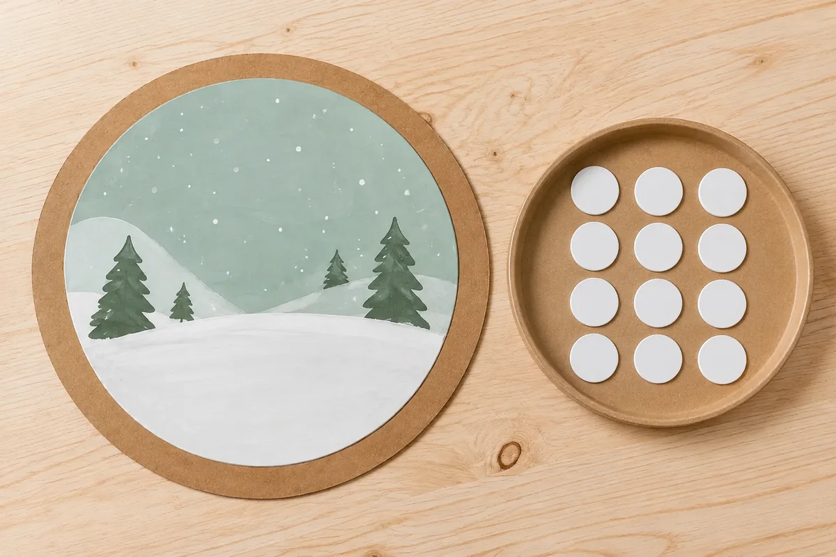 Étape 2 — découper et compter les flocons : douze grands confettis blancs rassemblés dans une coupelle, pour créer une boule à neige plate en papier, sans verre ni liquide