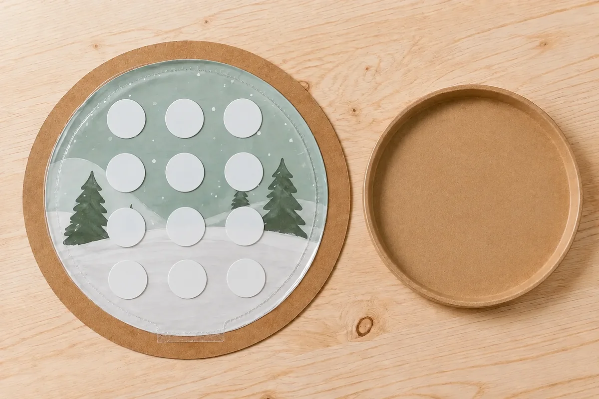 Étape 3 — former la chambre transparente : une poche plate presque fermée contenant les douze flocons, pour créer une boule à neige plate en papier, sans verre ni liquide