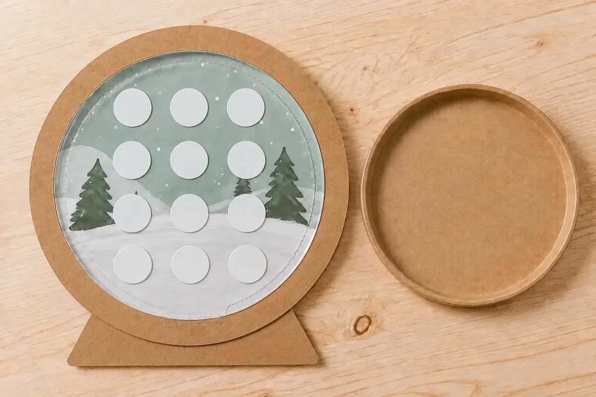 Étape 4 — fermer et encadrer la boule : un large anneau qui enferme complètement les bords du film, pour créer une boule à neige plate en papier, sans verre ni liquide