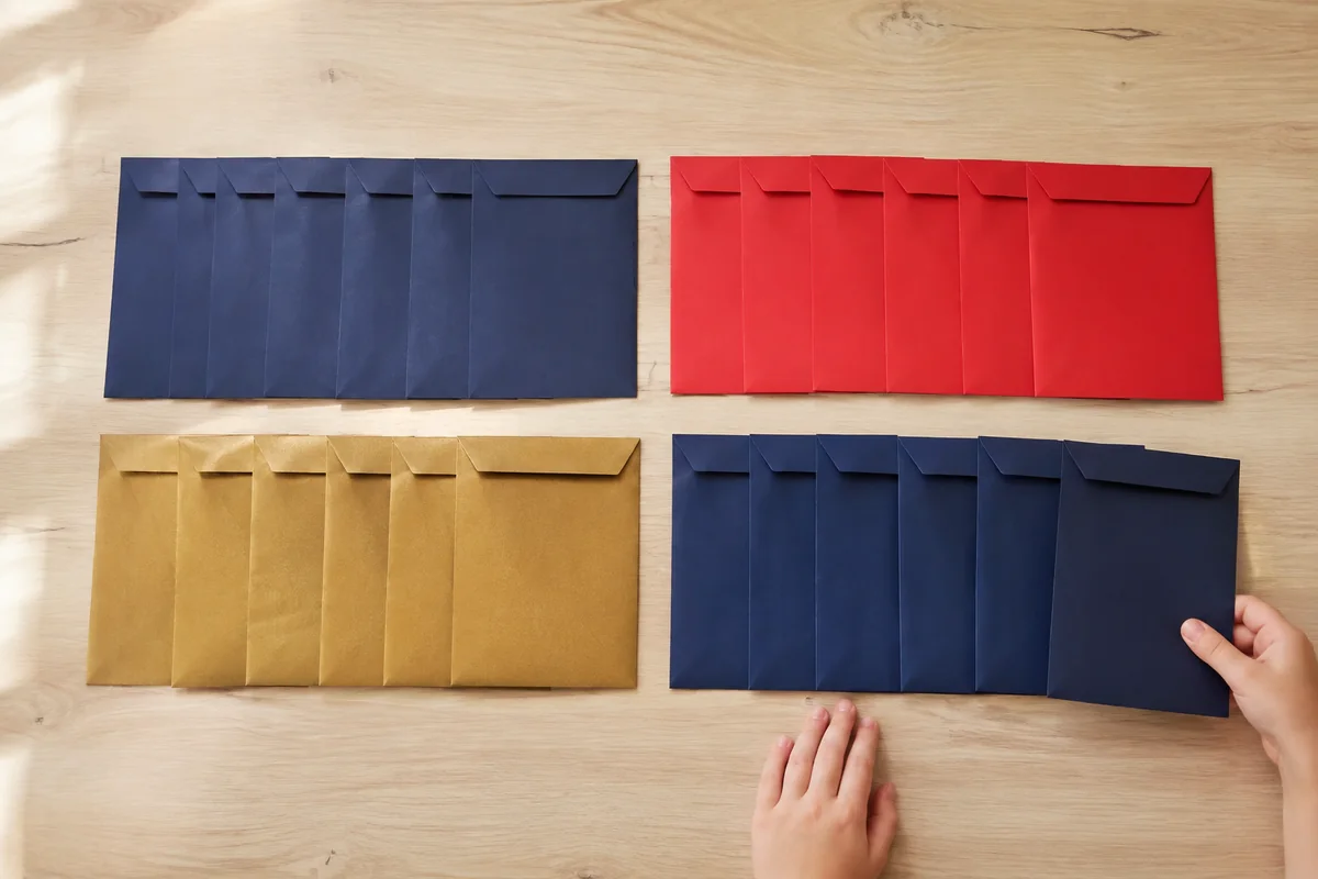 Étape 1 — trier et renforcer les enveloppes : vingt-quatre enveloppes propres regroupées en quatre séries de six, pour calendrier de l'avent mural à 24 enveloppes réutilisables