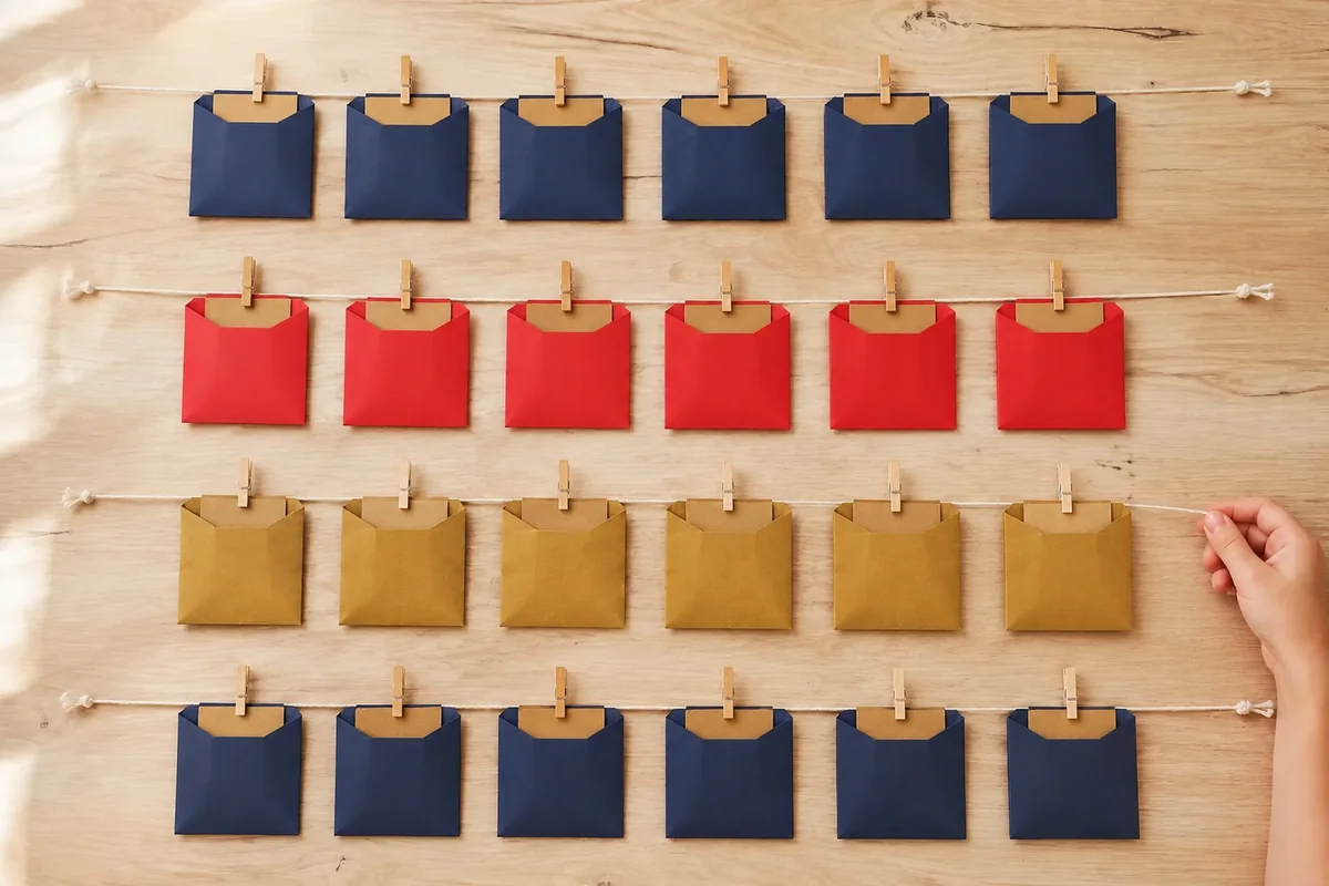 Étape 3 — répartir les enveloppes sur quatre lignes : quatre lignes parallèles portant chacune six enveloppes espacées, pour calendrier de l'avent mural à 24 enveloppes.