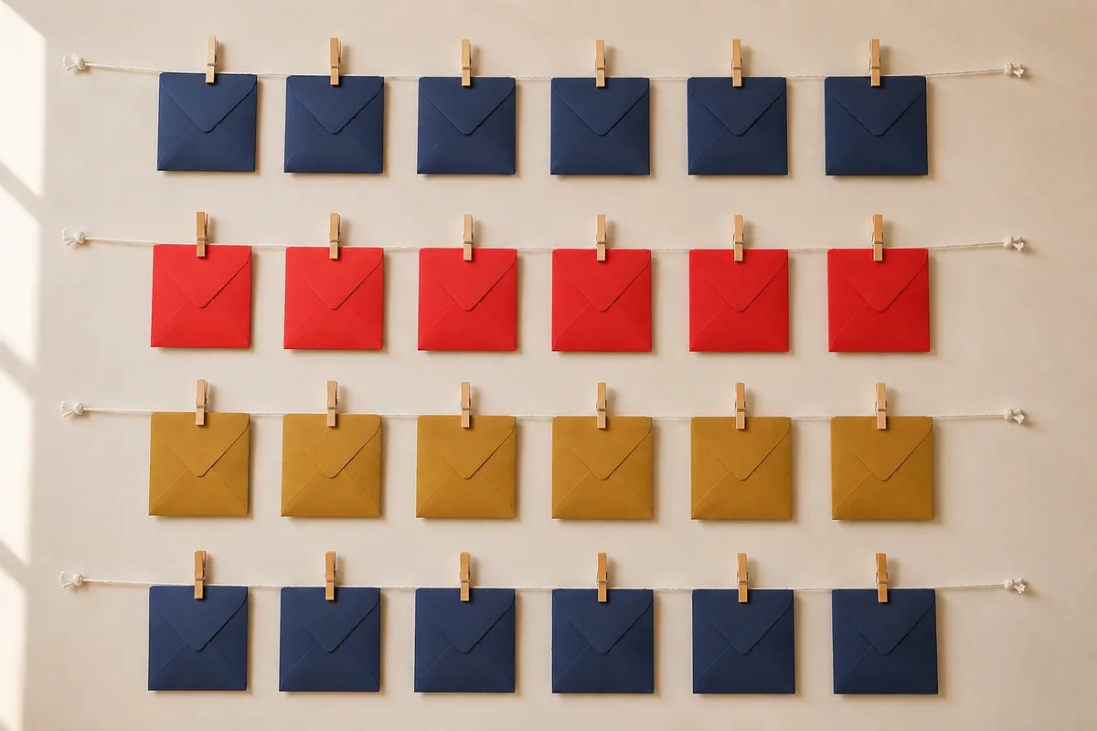 Étape 5 — remplir puis vérifier chaque ouverture : un calendrier mural complet de vingt-quatre enveloppes fermées, pour calendrier de l'avent mural à 24 enveloppes réutilisables