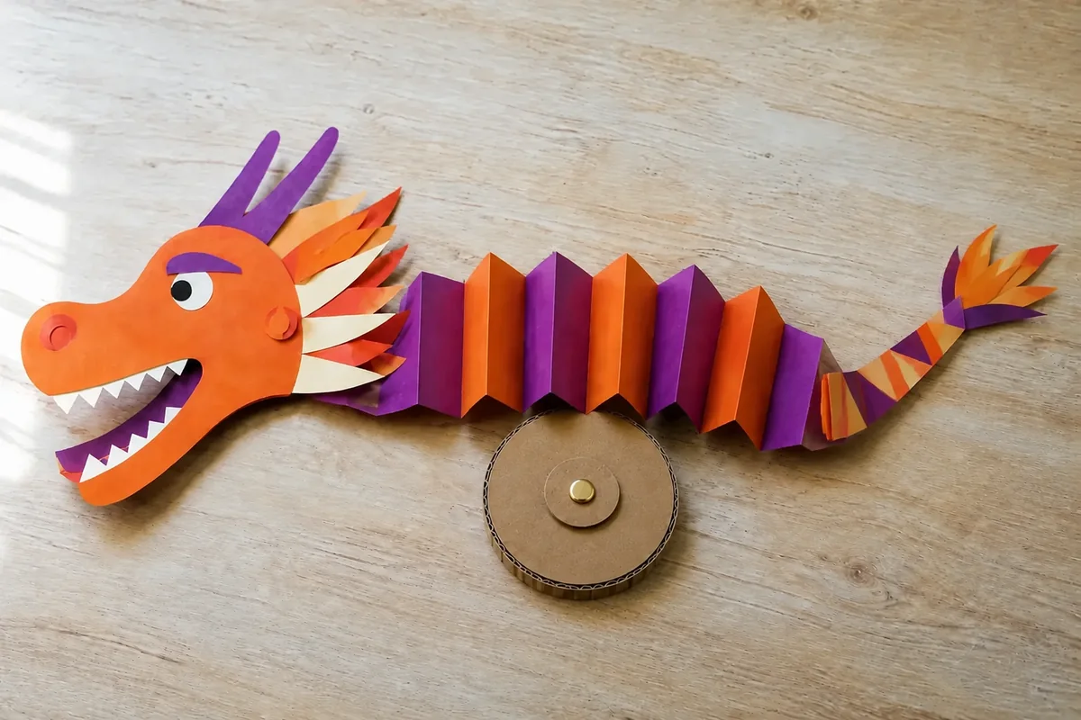Étape 4 — raccorder corps, tête et queue : un dragon complet disposé en courbe autour de la roue, pour dragon-roue du nouvel an lunaire en carton rotatif