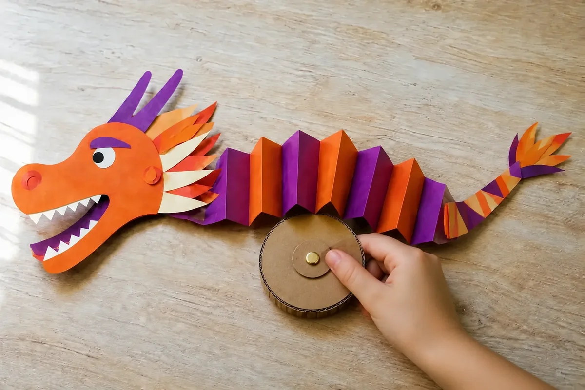 Étape 5 — faire onduler le dragon sur la table : un dragon ondulant tandis que sa roue tourne librement, pour dragon-roue du nouvel an lunaire en carton rotatif