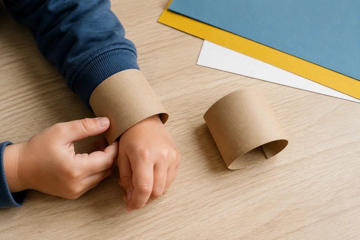 Étape 1 — mesurer deux bases confortables : deux bases de kraft identiques adaptées au tour de manche, pour manchettes de carnaval à franges en papier récupéré