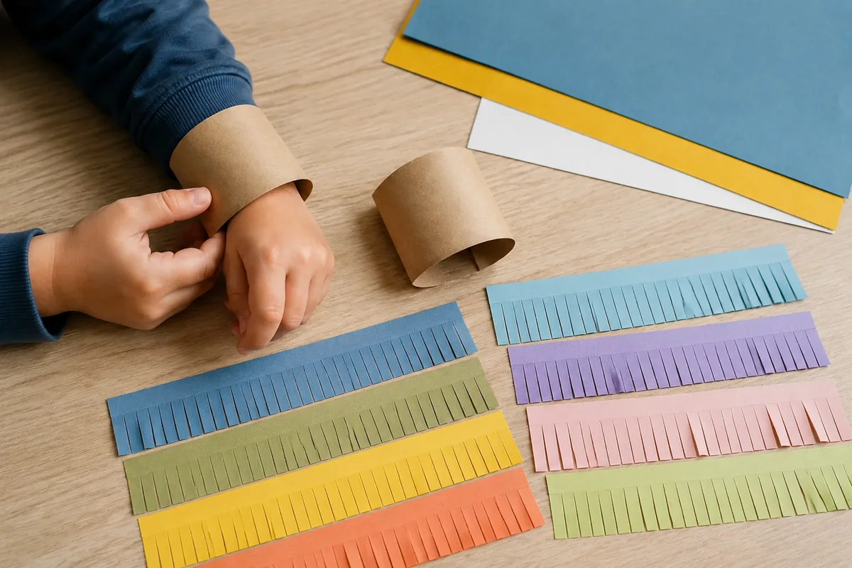 Étape 2 — préparer les couches de franges : huit bandes colorées frangées avec un bord supérieur intact, pour manchettes de carnaval à franges en papier récupéré