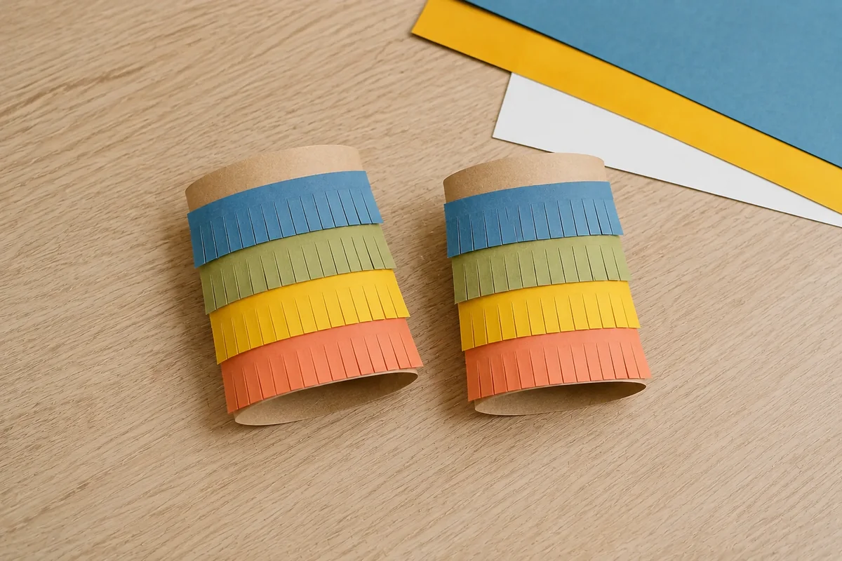 Étape 3 — superposer les couleurs sans raidir : quatre rangées de franges mobiles sur chaque base, pour manchettes de carnaval à franges en papier récupéré