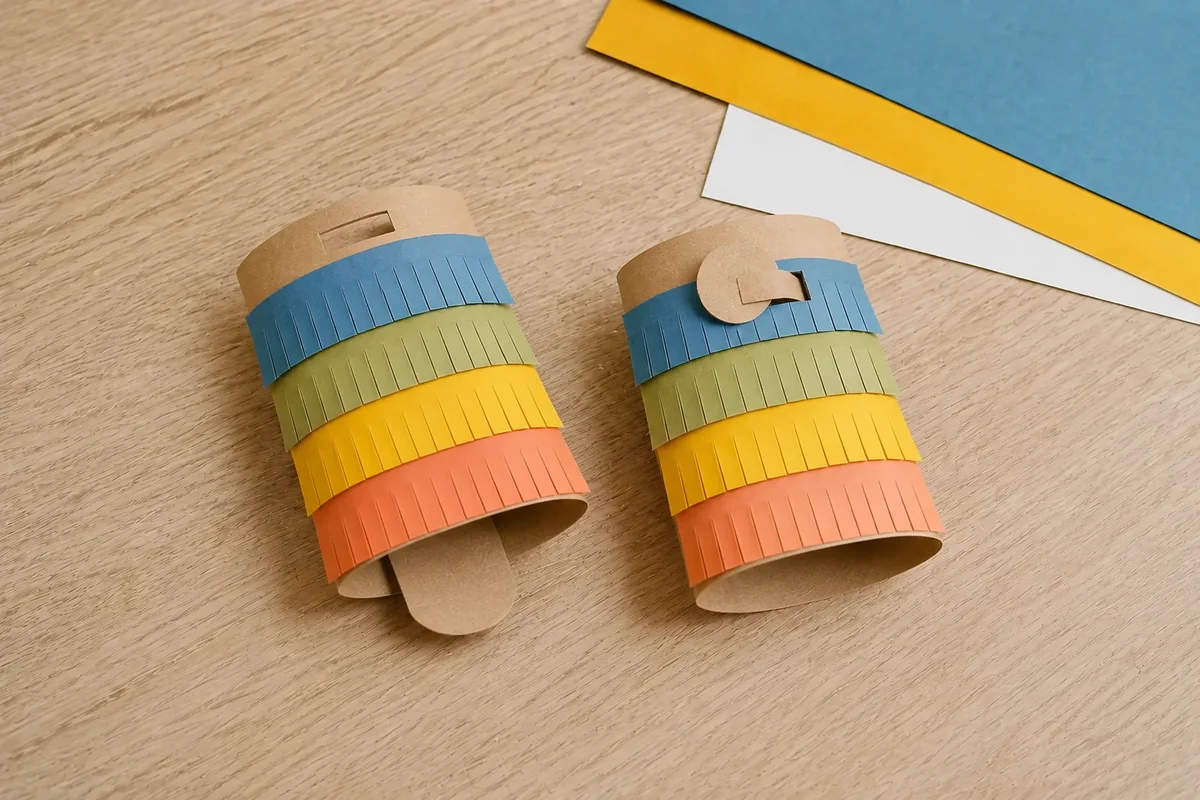 Étape 4 — fabriquer une fermeture en papier : une languette large qui ferme la manchette sans métal, pour manchettes de carnaval à franges en papier récupéré