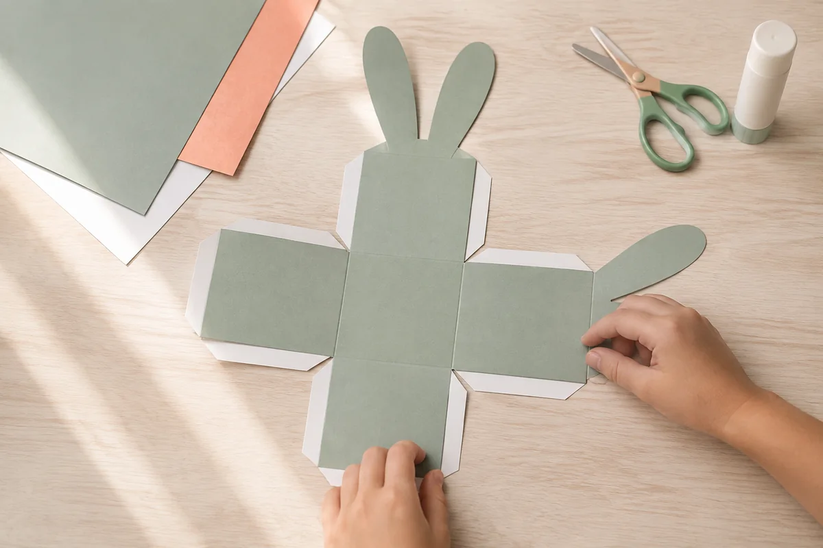 Étape 1 — tracer le patron en croix : un patron en croix comprenant fond, quatre parois, oreilles et languettes, pour panier-lapin à languettes pliable à plat, sans agrafe
