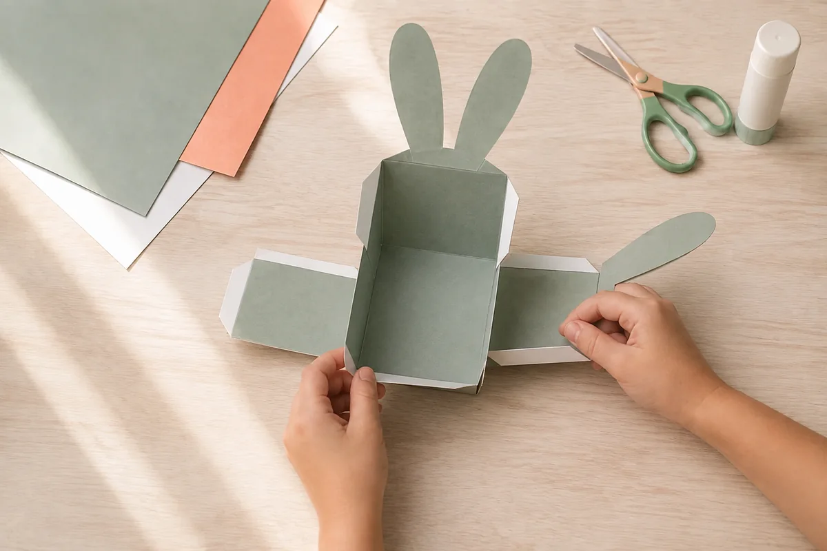 Étape 2 — découper et marquer les plis : quatre parois relevées autour du fond grâce à des plis nets, pour panier-lapin à languettes pliable à plat, sans agrafe