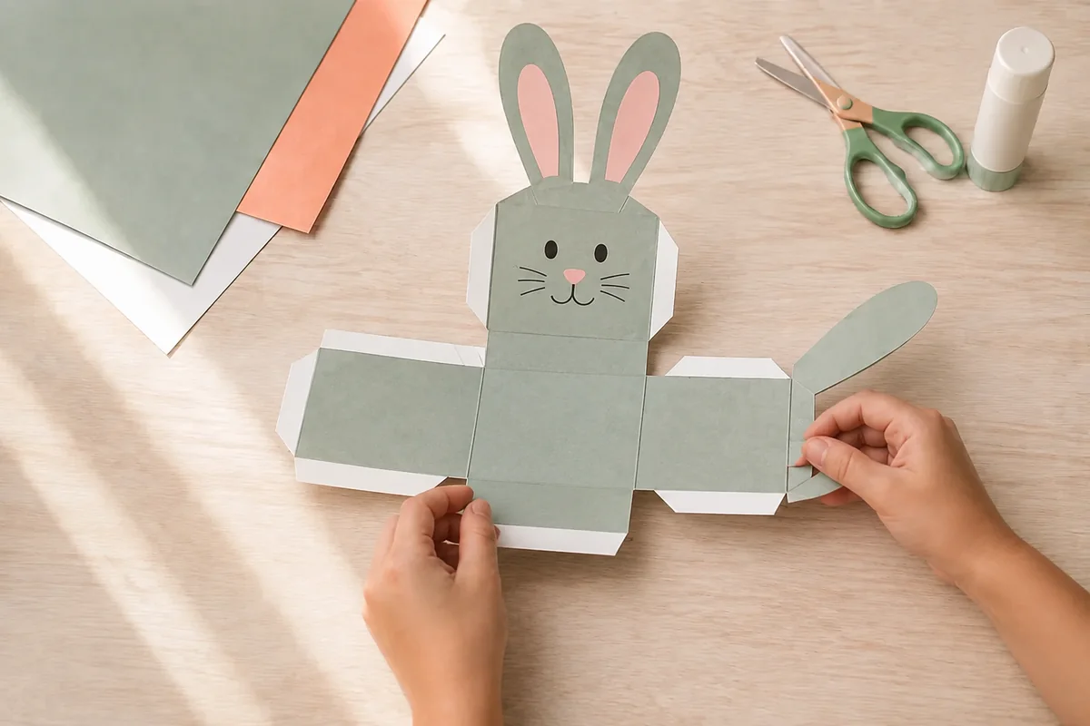 Étape 3 — décorer le visage du lapin : un visage de lapin dessiné sur la paroi avant sans couvrir les plis, pour panier-lapin à languettes pliable à plat, sans agrafe
