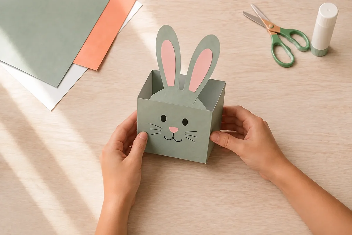 Étape 4 — coller les quatre languettes : un panier carré assemblé avec les languettes cachées à l’intérieur, pour panier-lapin à languettes pliable à plat, sans agrafe