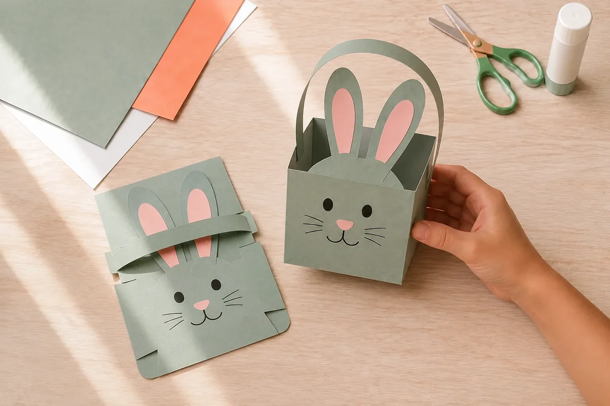 Étape 5 — poser l’anse puis replier à plat : un panier-lapin achevé avec anse amovible et rangement démontré, pour panier-lapin à languettes pliable à plat, sans agrafe