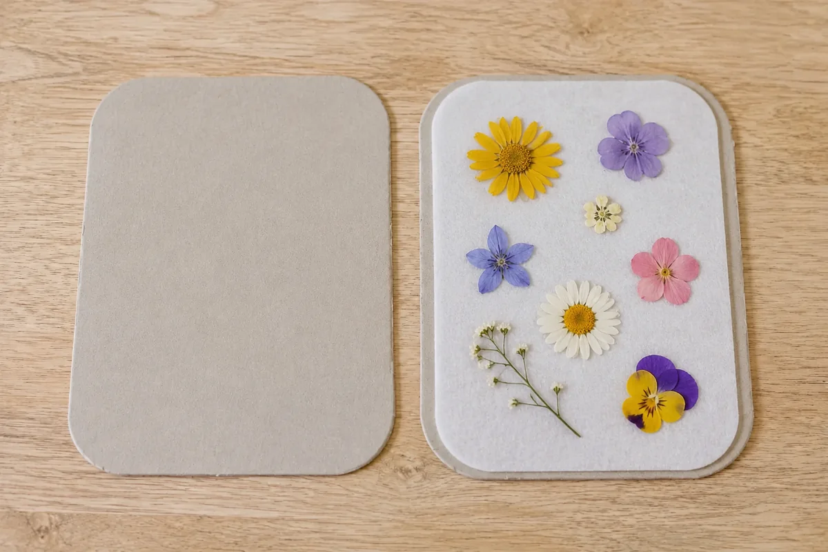 Étape 2 — disposer les fleurs entre les papiers : des fleurs espacées entre plusieurs couches absorbantes, pour fabriquer une mini-presse à fleurs puis une carte bouquet