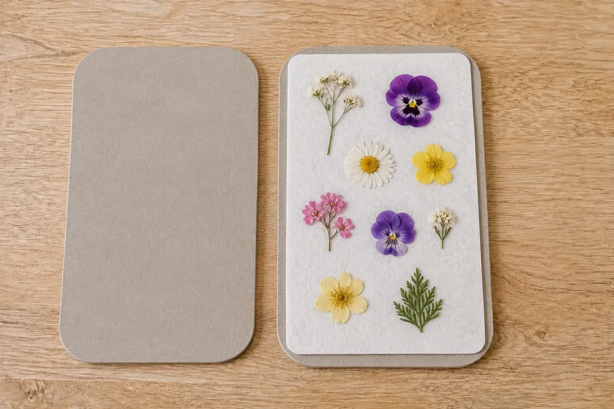 Étape 4 — ouvrir et sélectionner les fleurs sèches : des fleurs plates et sèches triées sur un papier propre, pour fabriquer une mini-presse à fleurs puis une carte bouquet