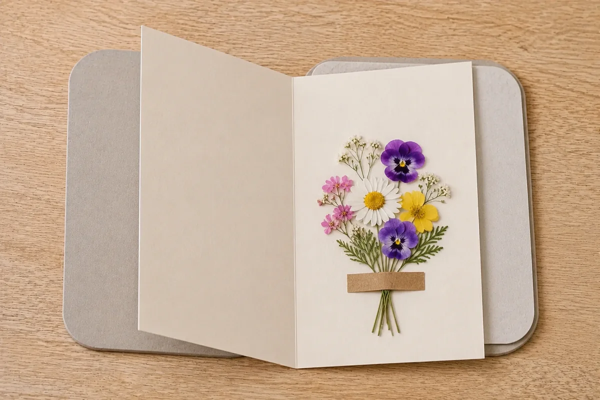 Étape 5 — composer la carte bouquet : une carte ouverte portant un bouquet de fleurs pressées, pour fabriquer une mini-presse à fleurs puis une carte bouquet