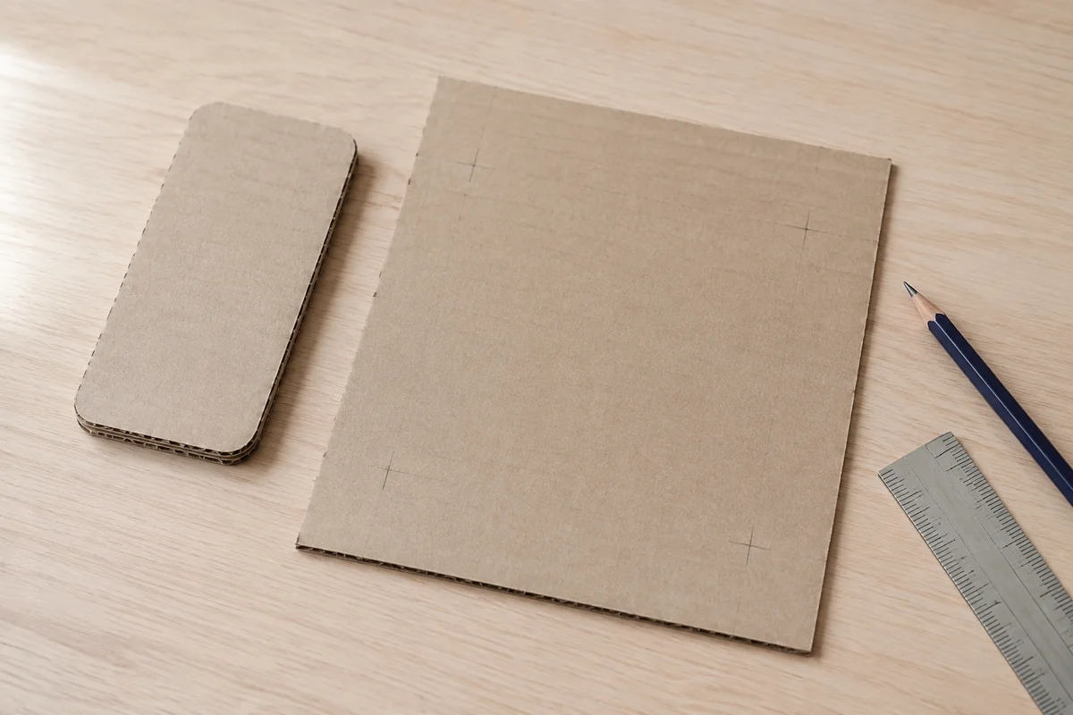 Étape 1 — relever largeur, épaisseur et câble : un gabarit qui entre dans la rainure avec deux millimètres de jeu, dans support de téléphone en carton sur mesure : tutoriel enfant