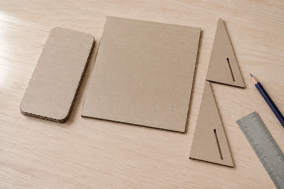 Étape 2 — tracer deux joues parfaitement identiques : deux profils triangulaires superposables avec des encoches alignées, dans support de téléphone en carton sur mesure :.