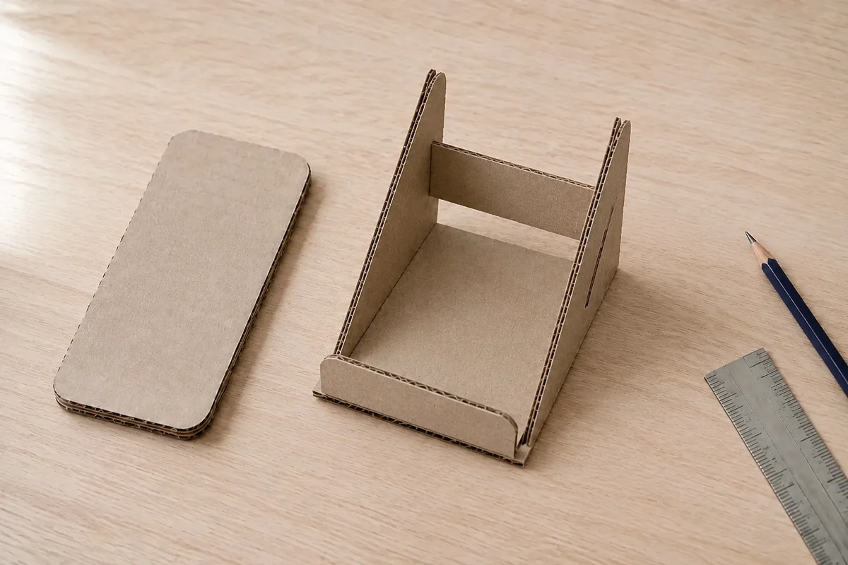 Étape 3 — assembler base, dos et butée : une structure rigide dont les deux joues restent parallèles, dans support de téléphone en carton sur mesure : tutoriel enfant