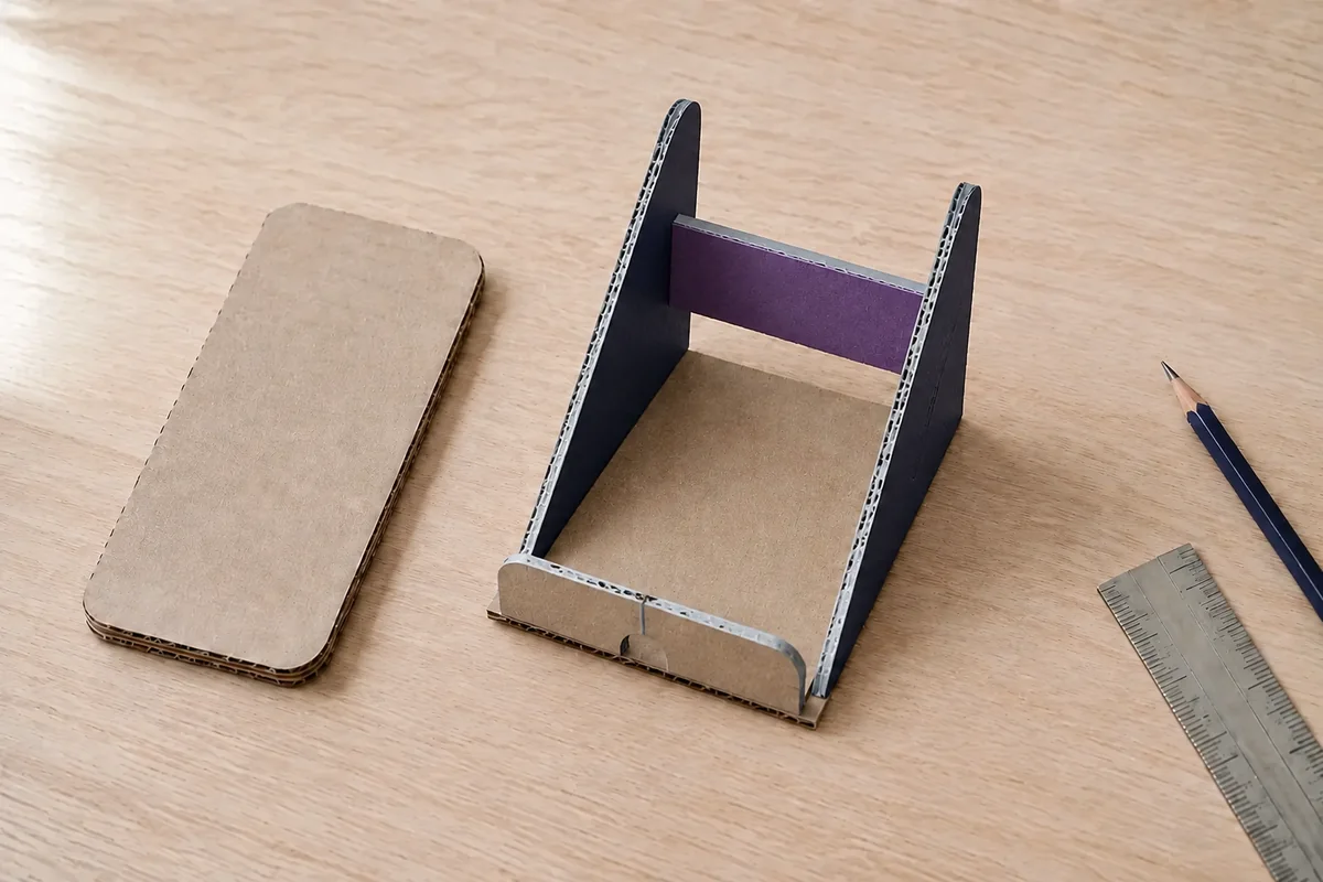Étape 4 — créer le passage du câble et habiller : un passage arrondi aligné avec le centre de la rainure, dans support de téléphone en carton sur mesure : tutoriel enfant