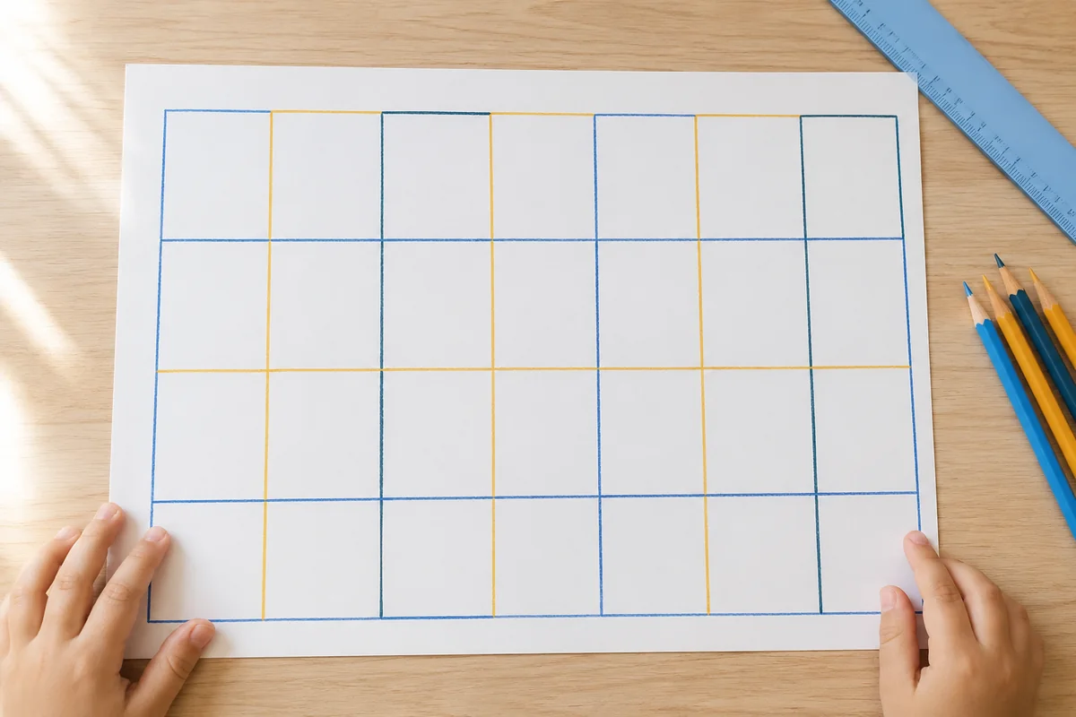 Étape 1 — dessiner une grille de sept jours : une grille régulière de sept colonnes et quatre lignes larges, dans fabriquer un planning de rentrée effaçable sans plastifieuse