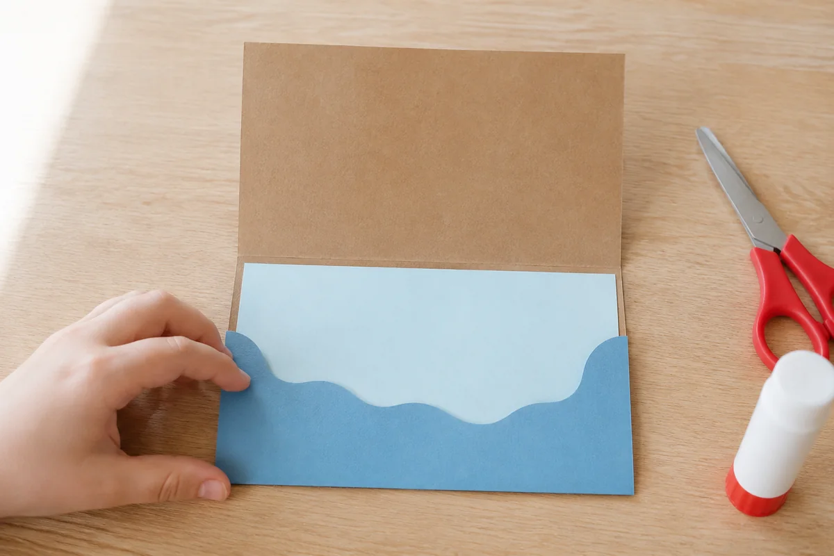 Étape 1 — plier et dessiner l’horizon : un paysage marin dont la mer forme une poche ouverte en haut, dans créer une carte postale à tirette avec coucher de soleil mobile